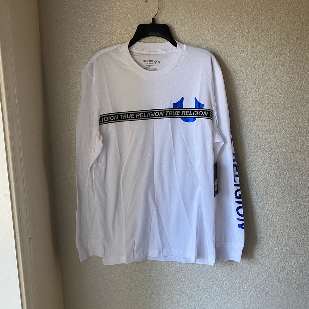 True Religion White Tee with Blue Foil Accents